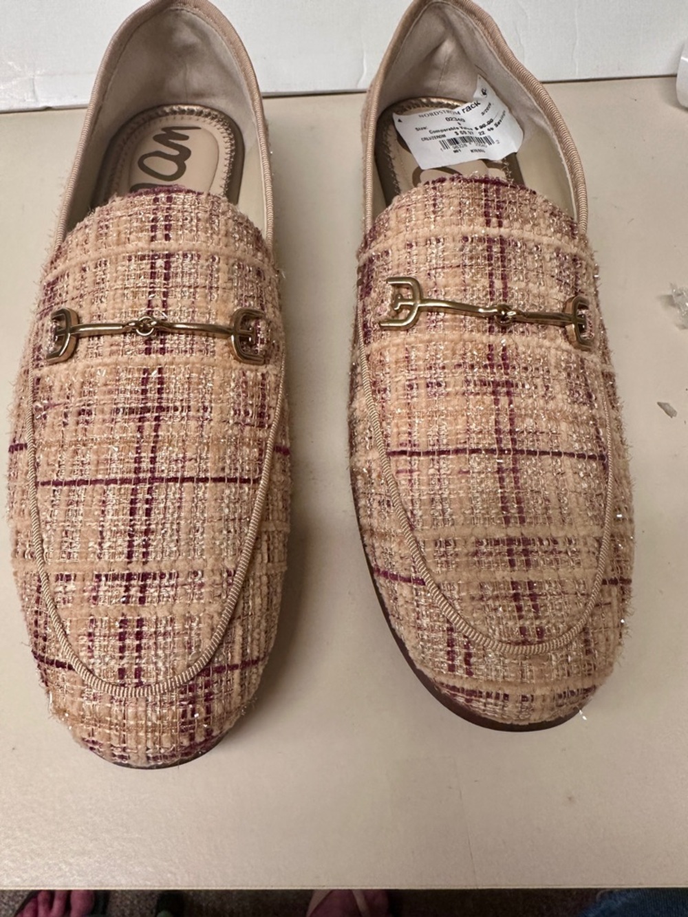 Sam Edelman Beige Tweed Loafers with Gold Bit Detail